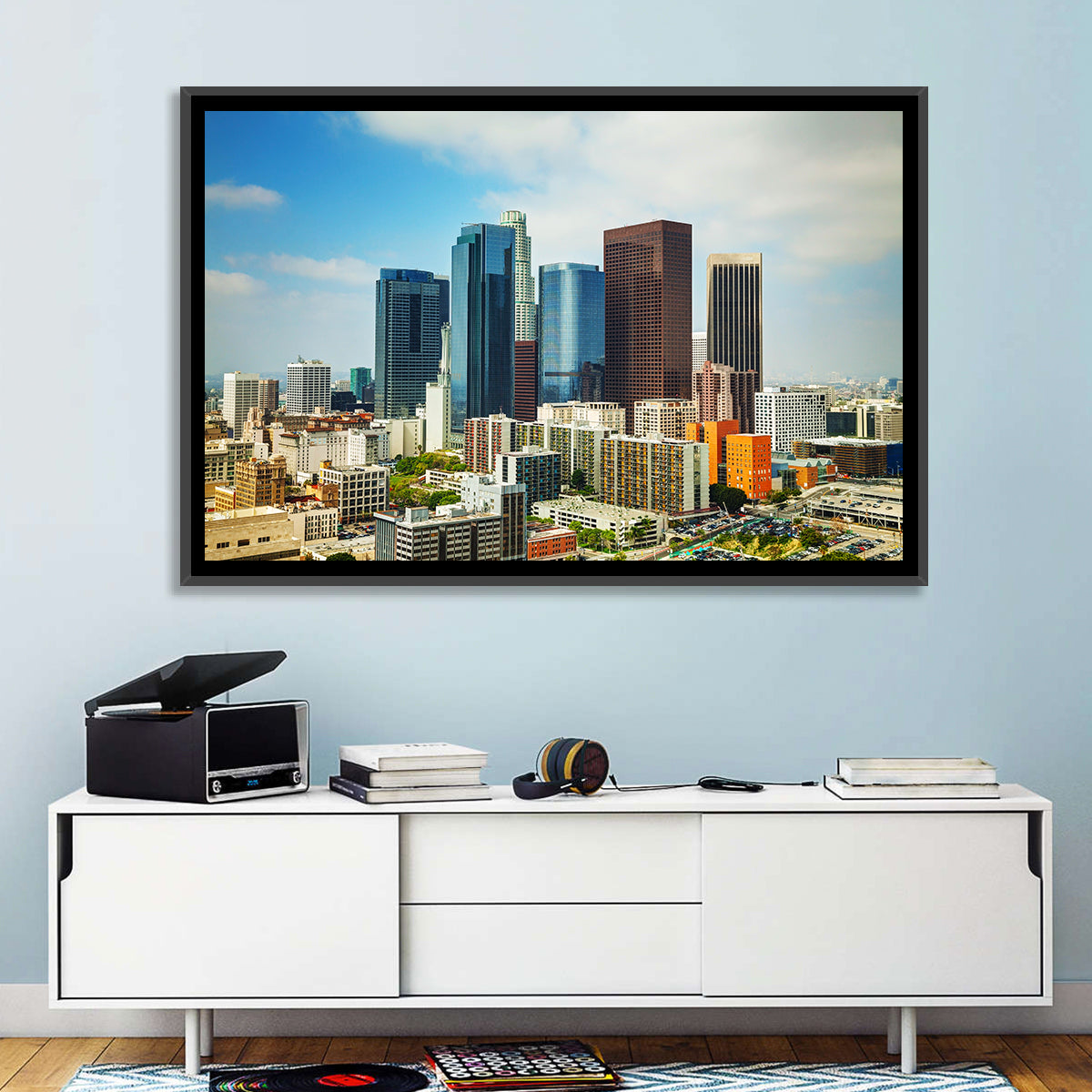 Downtown Los Angeles Skyline Cityscape Wall Art in a room, landscape