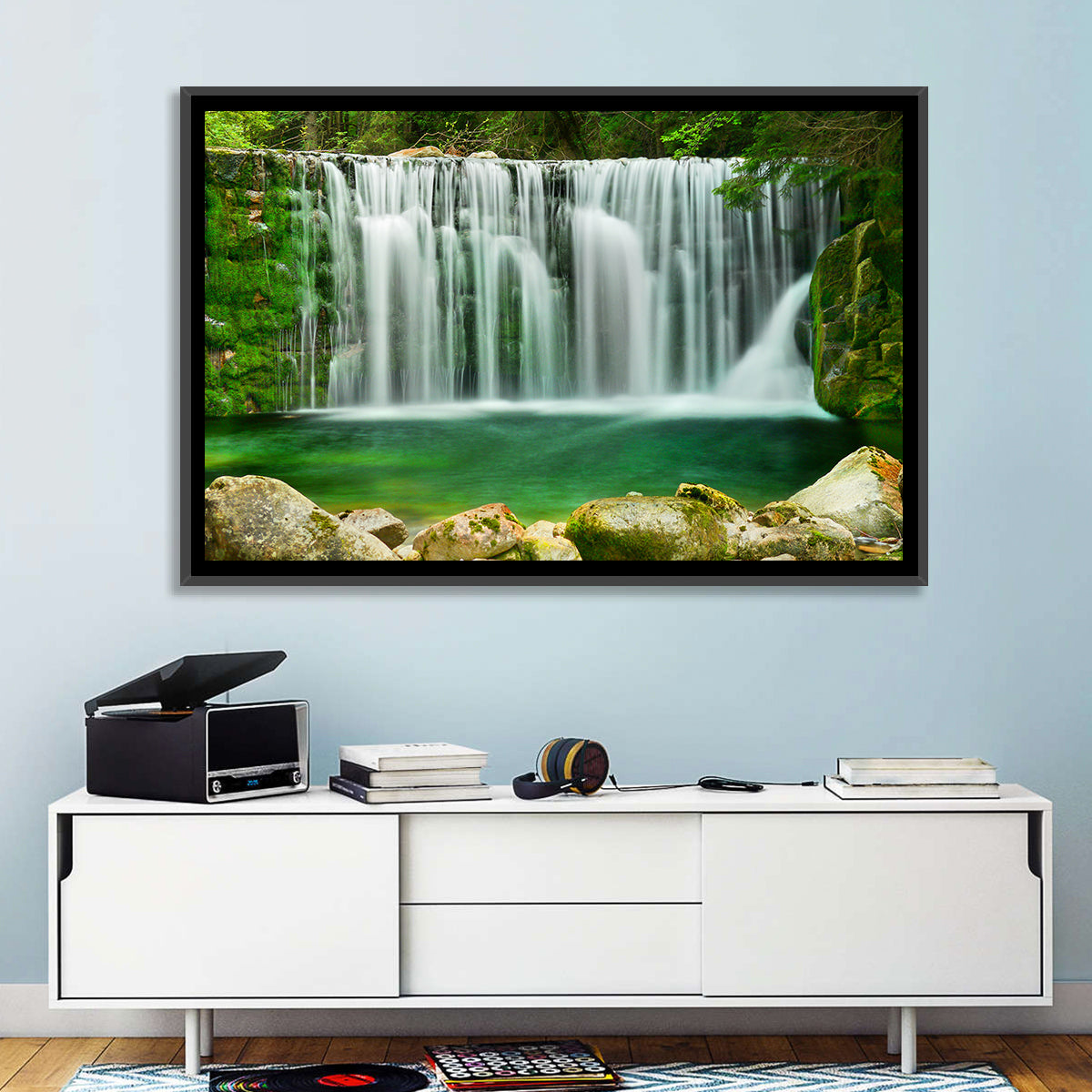 Emerald Lake Waterfall Wall Art in a room, landscape