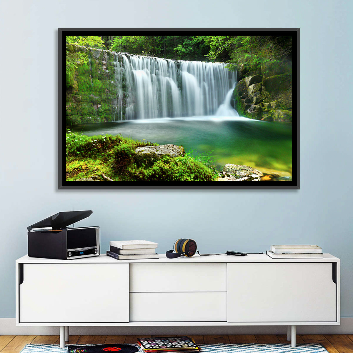 Emerald Forest Waterfall with Mossy Stones Wall Art in a room, landscape