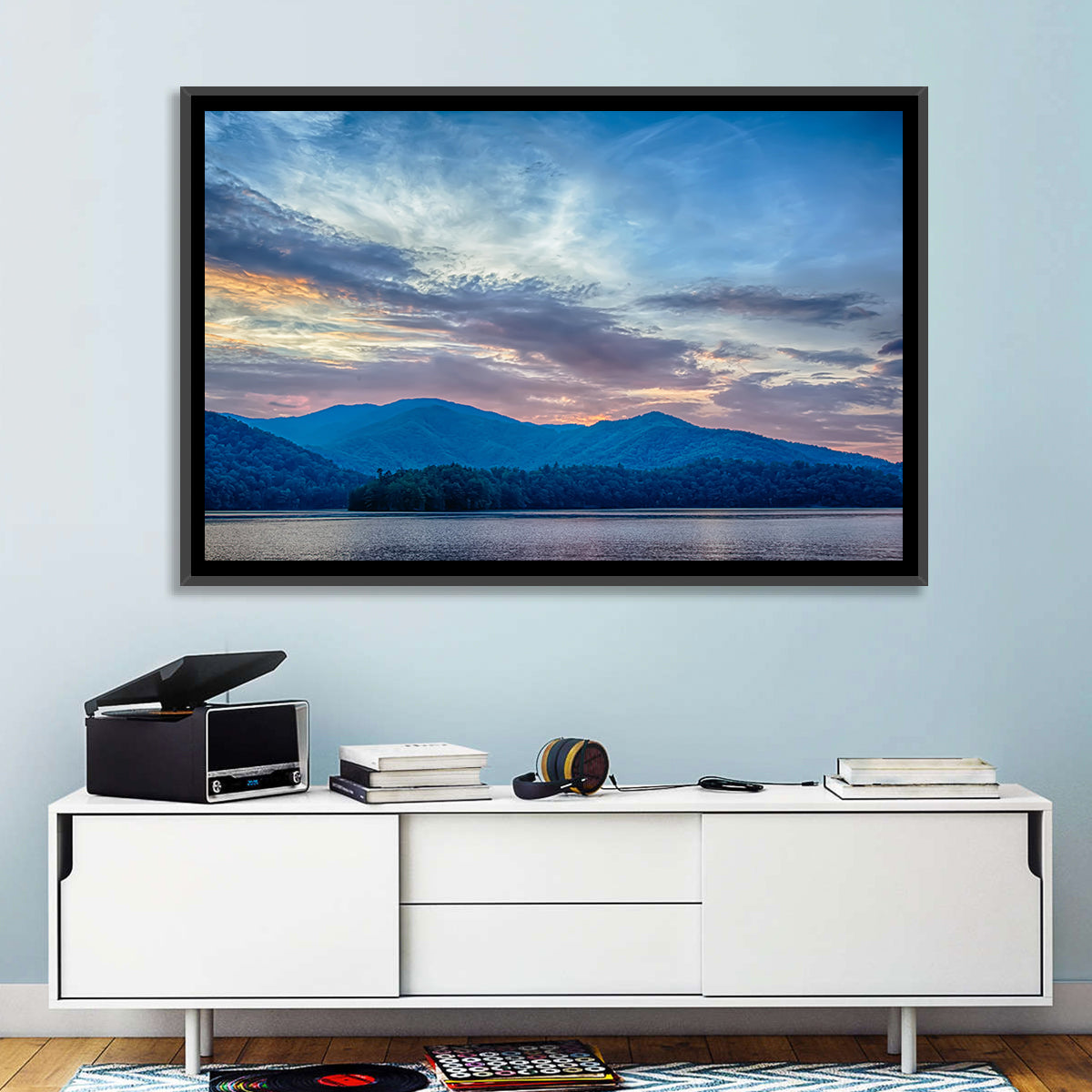 Lake Santeetlah Sunset Glow Wall Art in a room, landscape
