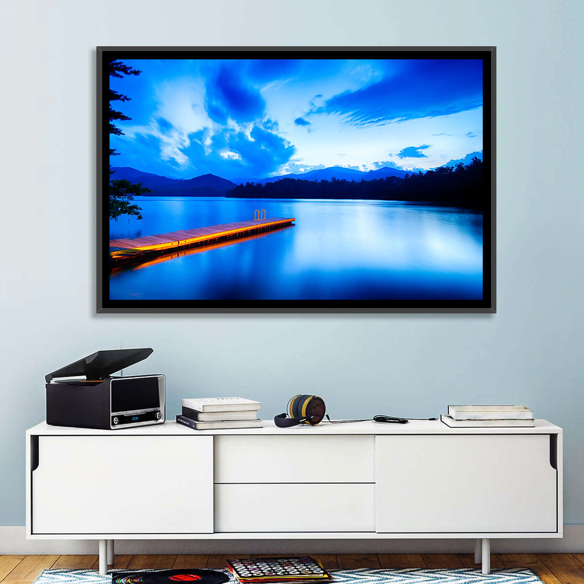Lake Santeetlah Pier at Dusk Wall Art in a room, landscape