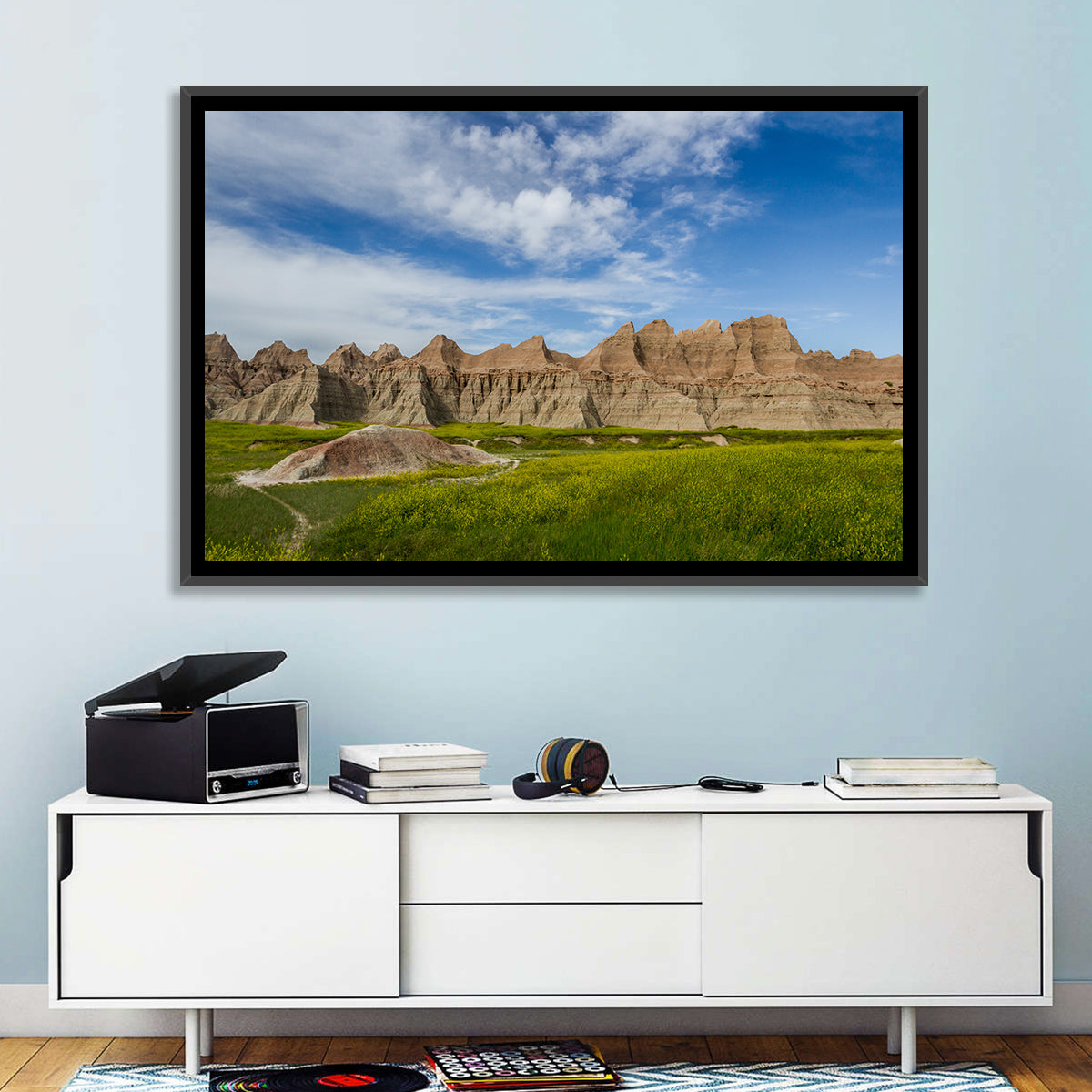 Badlands Meadow and Rock Formations Wall Art in a room, landscape
