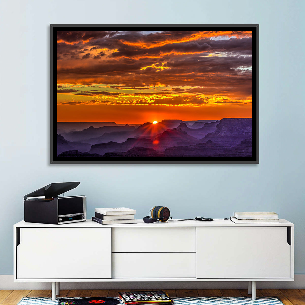 Lipan Point Sunset Sunburst Wall Art in a room, landscape