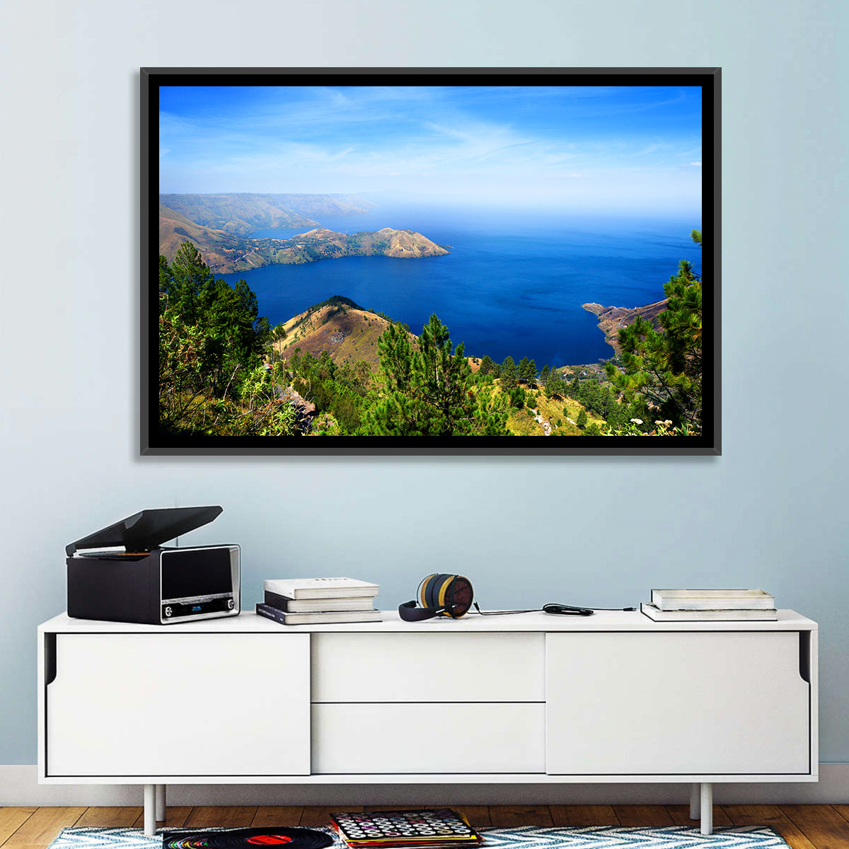 Lake Toba Aerial View Wall Art in a room, landscape