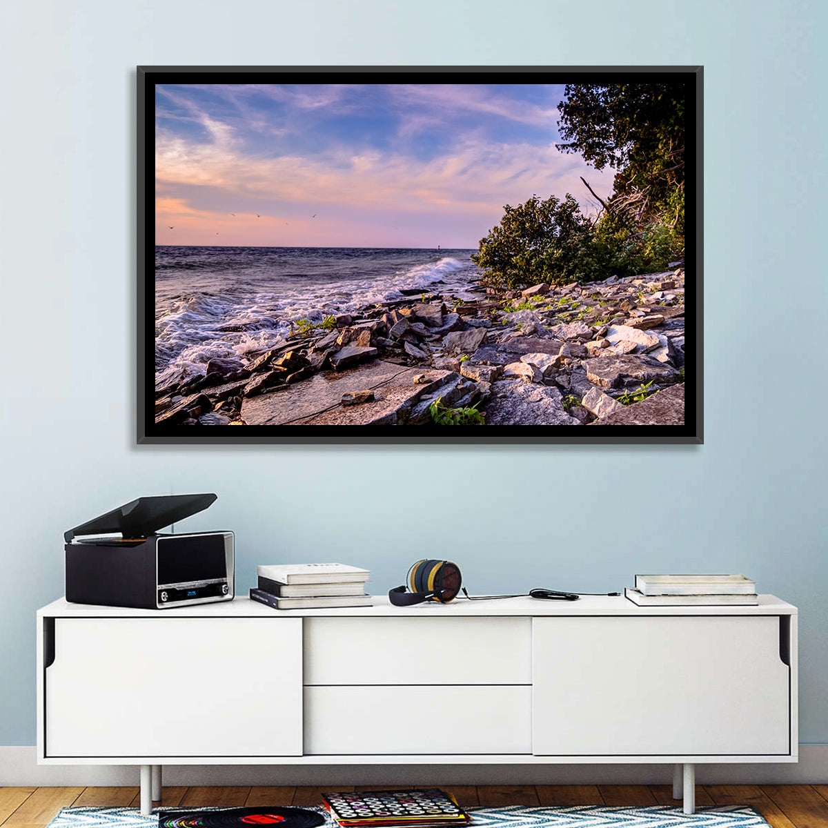 Lake Michigan Rocky Shoreline at Dusk Wall Art in a room, landscape