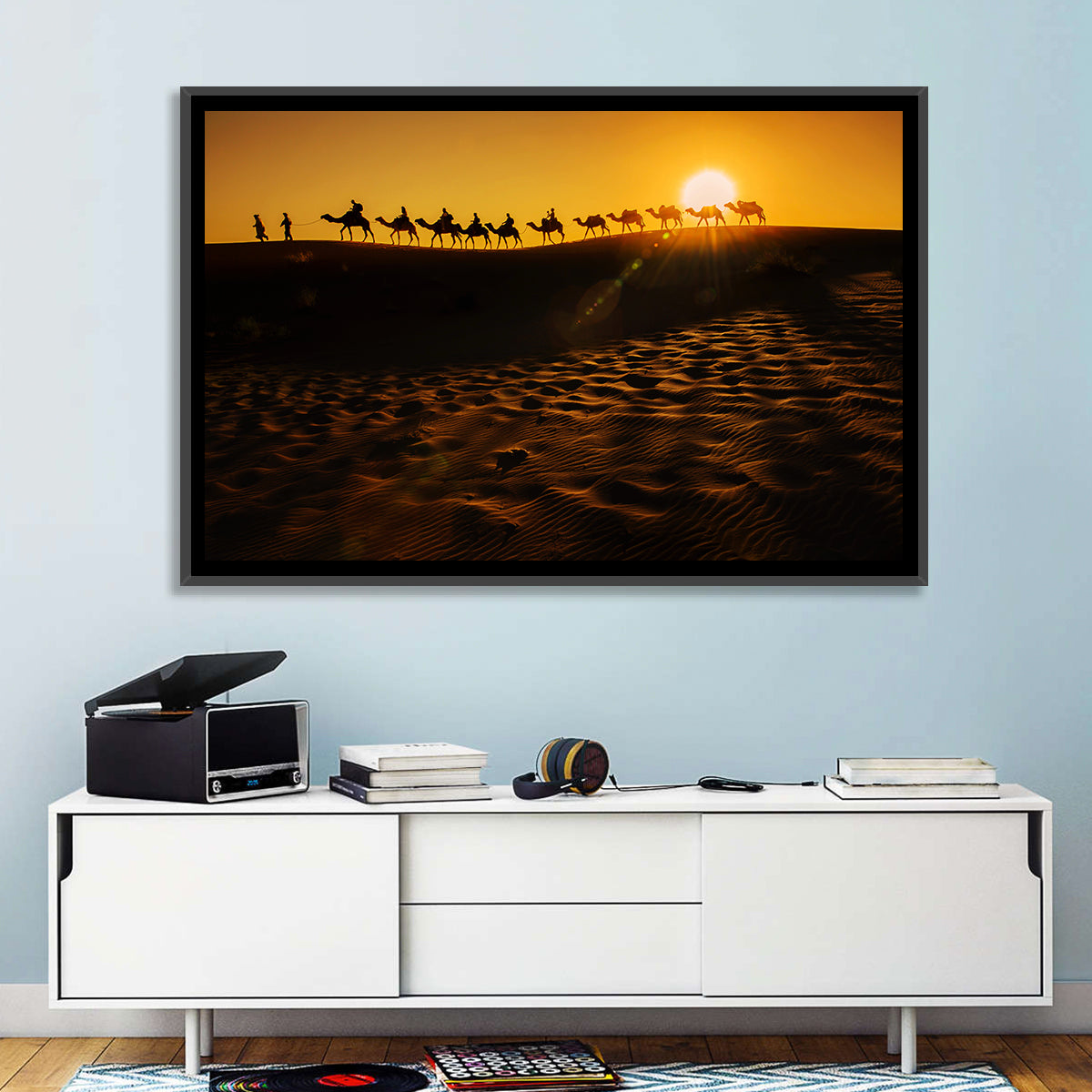 Camel Caravan Silhouette at Golden Sunset Wall Art in a room, landscape