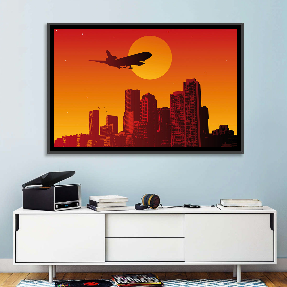 Tri Jet Sunset Skyline Wall Art in a room, landscape