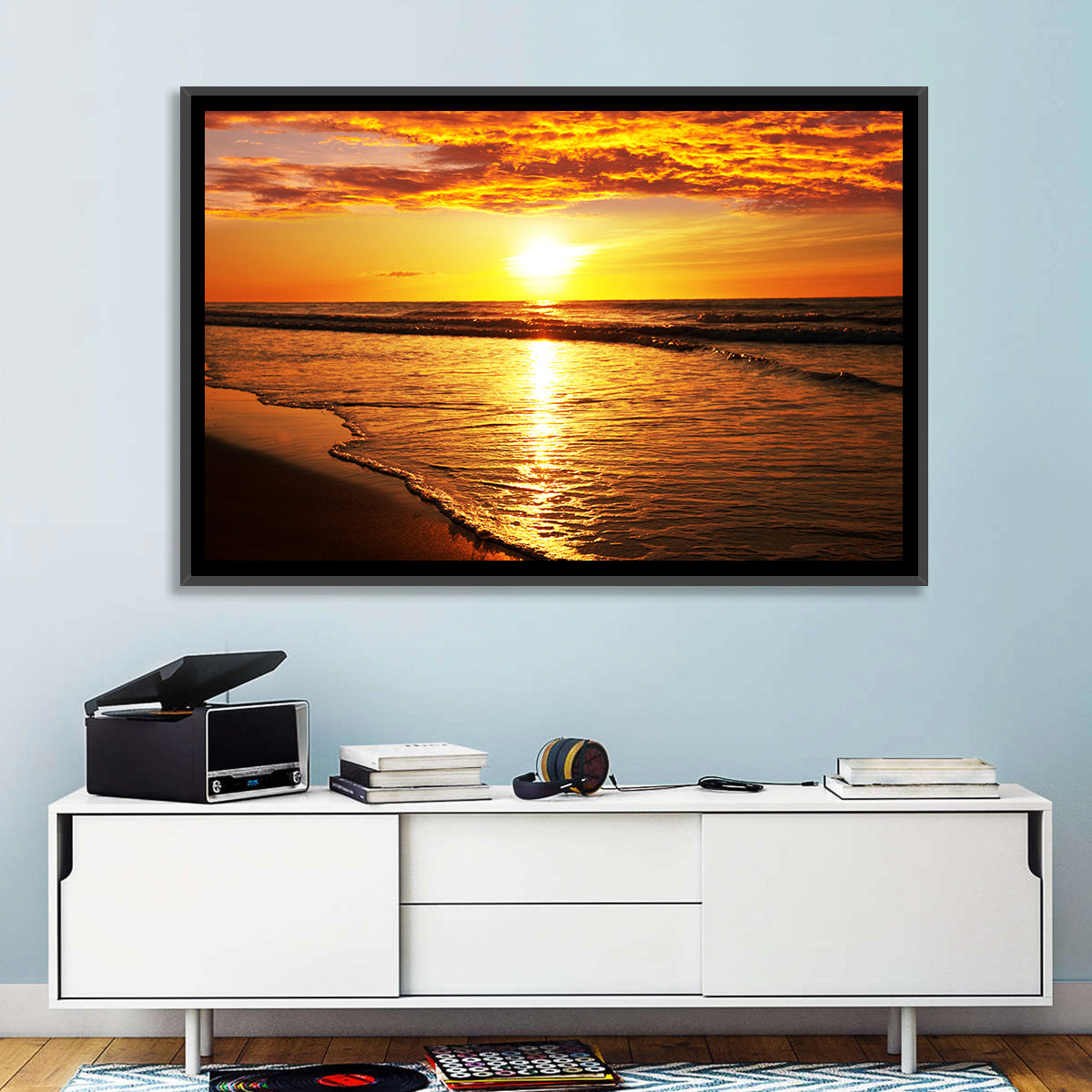 Golden Thai Beach Sunset Wall Art in a room, landscape