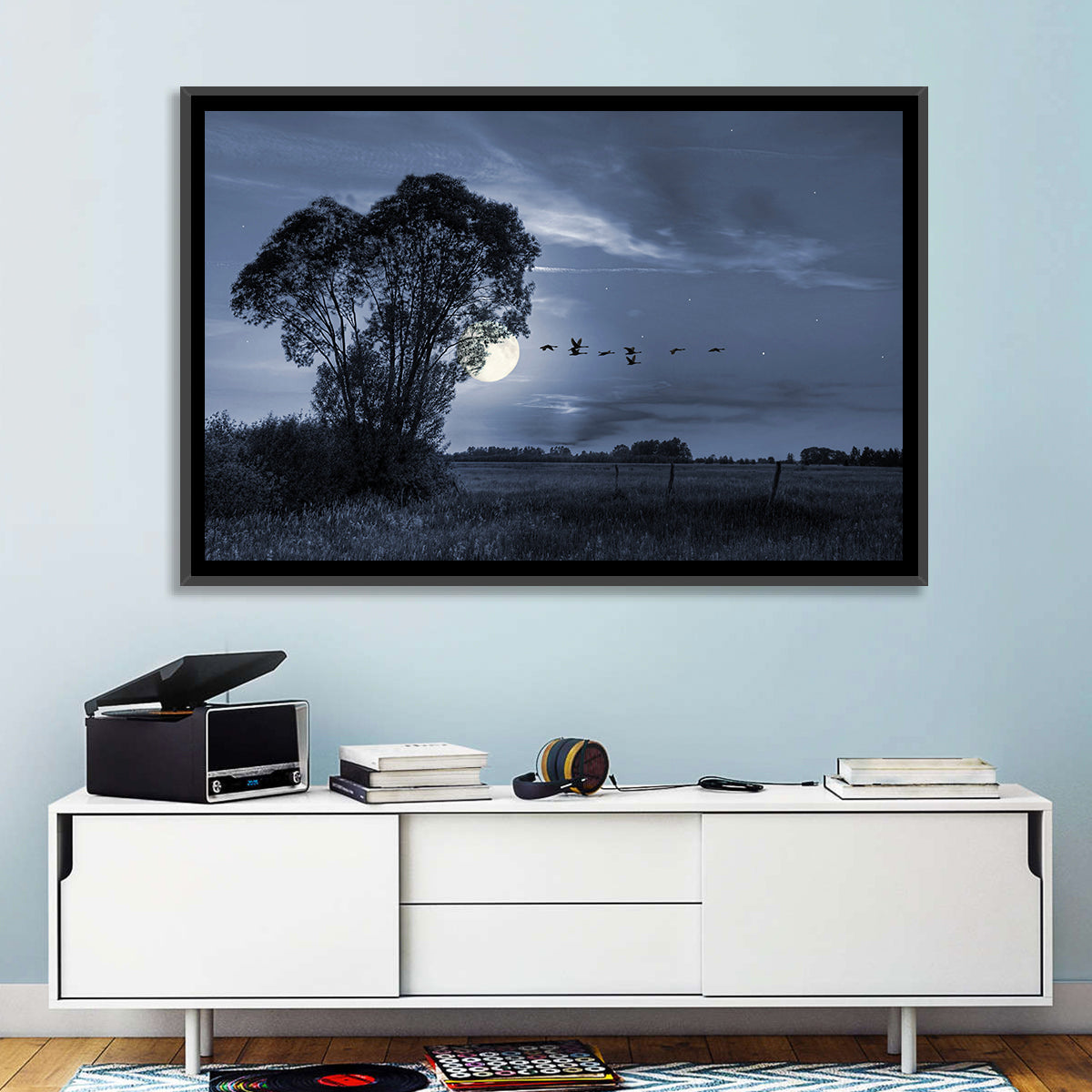 Moonlit Birds Over Quiet Field Wall Art in a room, landscape