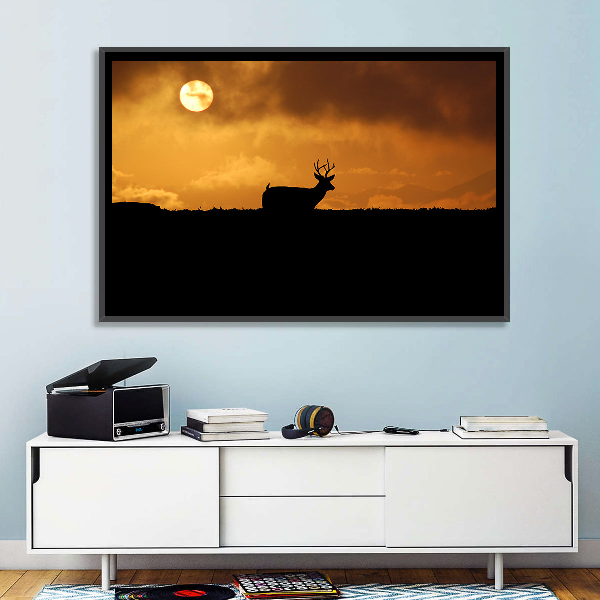 Deer at Sunset Wall Art in a room, landscape