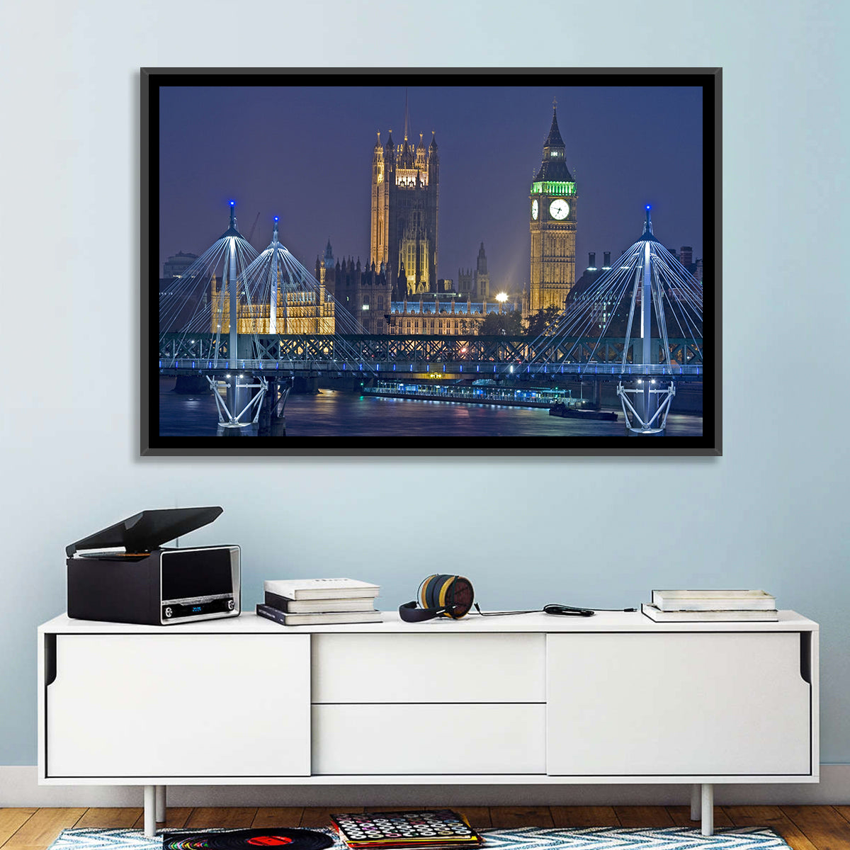 Big Ben Night Skyline Wall Art in a room, landscape