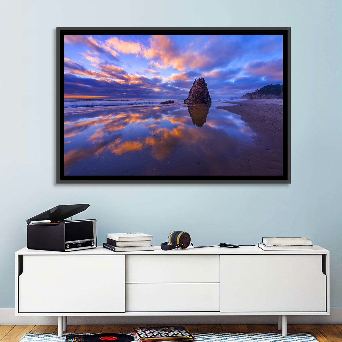 Oregon Coast Sea Stack Sunset Wall Art in a room, landscape
