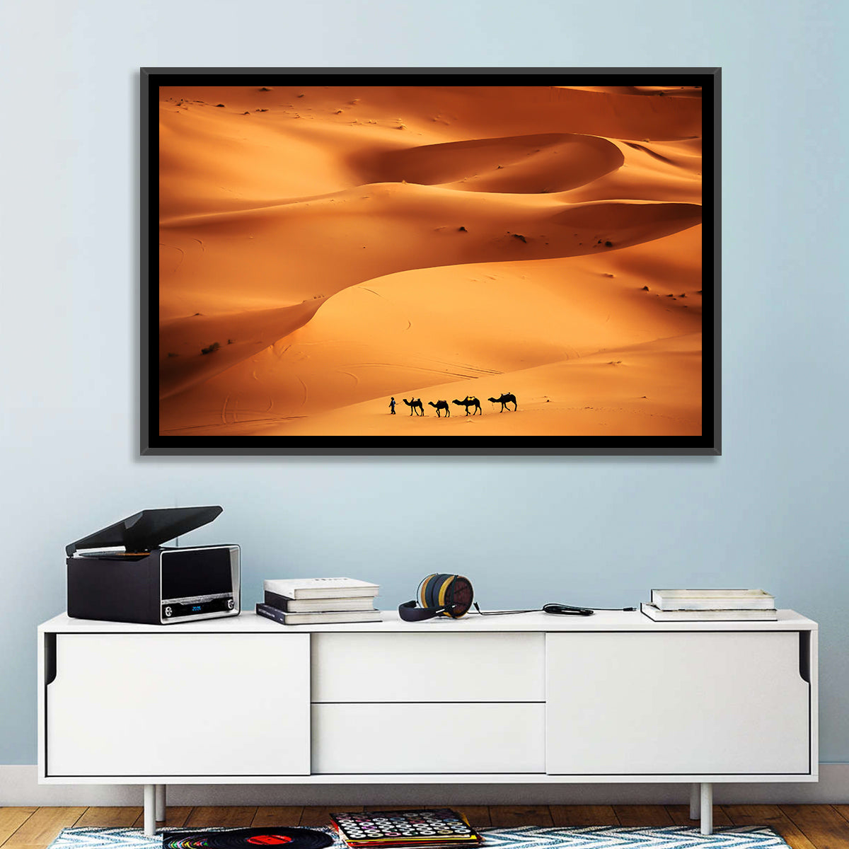 Desert Camel Caravan in Golden Dunes Wall Art in a room, landscape