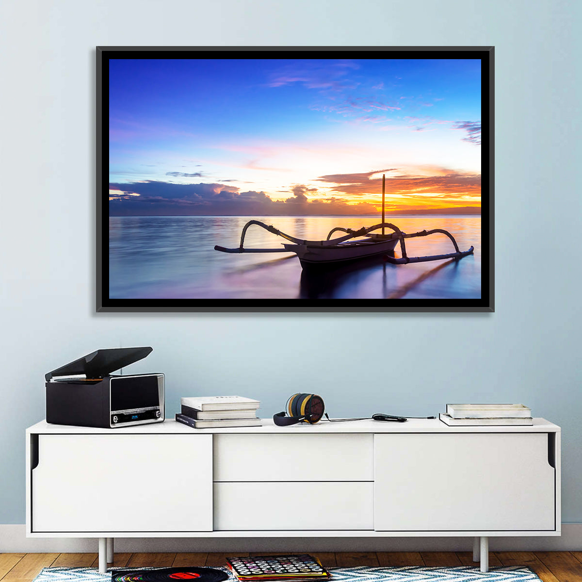Jukung Fishing Boat at Sunset Wall Art in a room, landscape