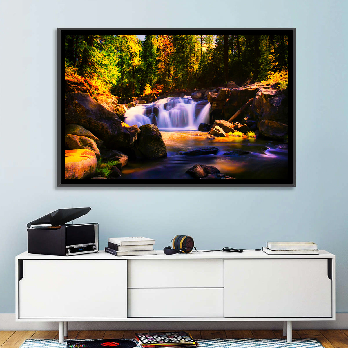 Autumn Mountain Waterfall Wall Art in a room, landscape