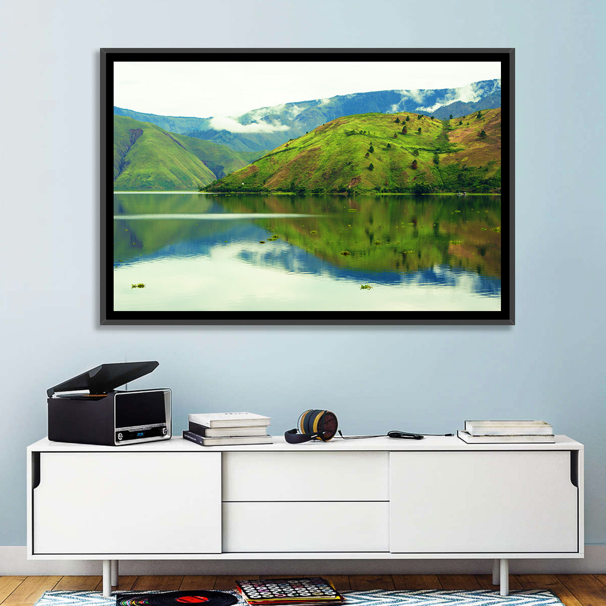 Lake Toba Reflection Wall Art in a room, landscape