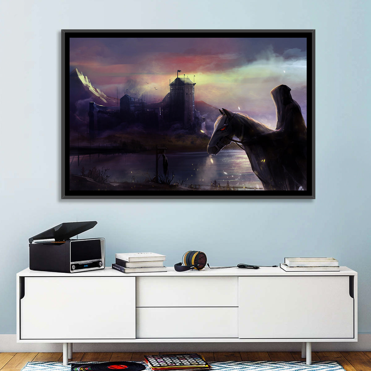 Horseman at Dusk by Misty Castle Wall Art in a room, landscape