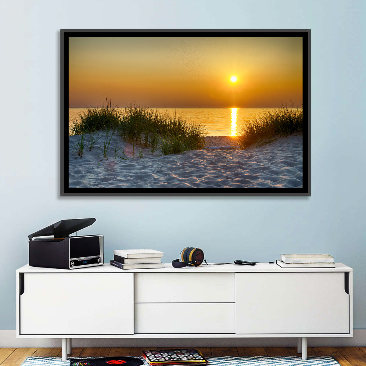 Lake Michigan Sunset Dunes Wall Art in a room, landscape