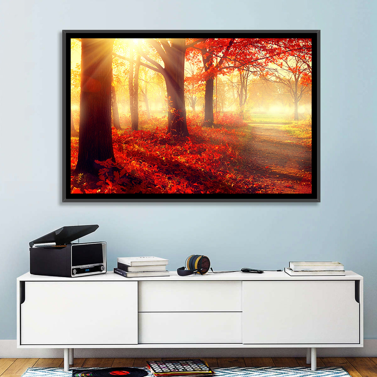 Sunlit Forest Path Wall Art in a room, landscape