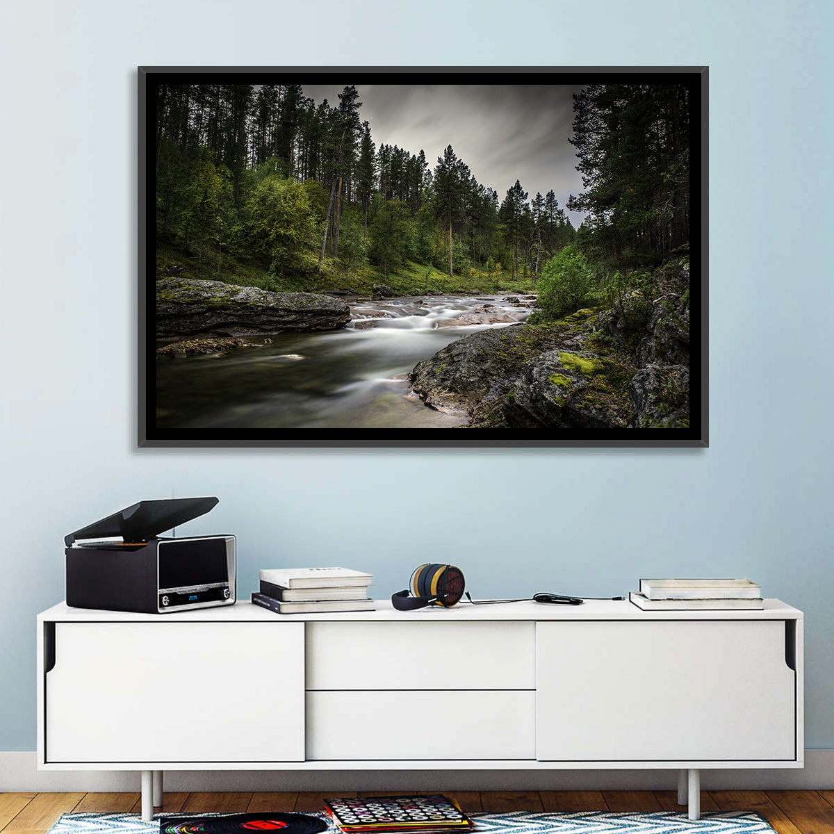 Mossy Forest Stream Wall Art in a room, landscape