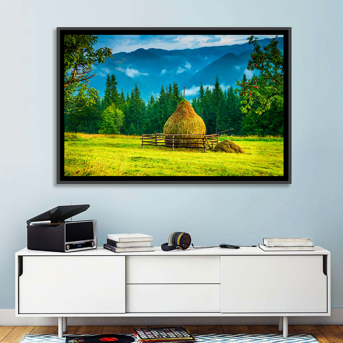 Haystack in Mountain Meadow Wall Art in a room, landscape