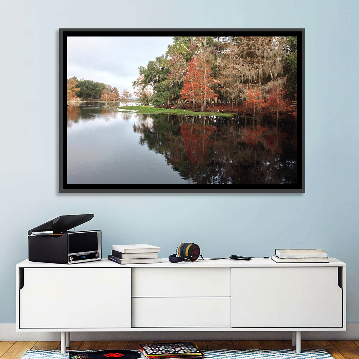 Autumn Lake Reflection Wall Art in a room, landscape