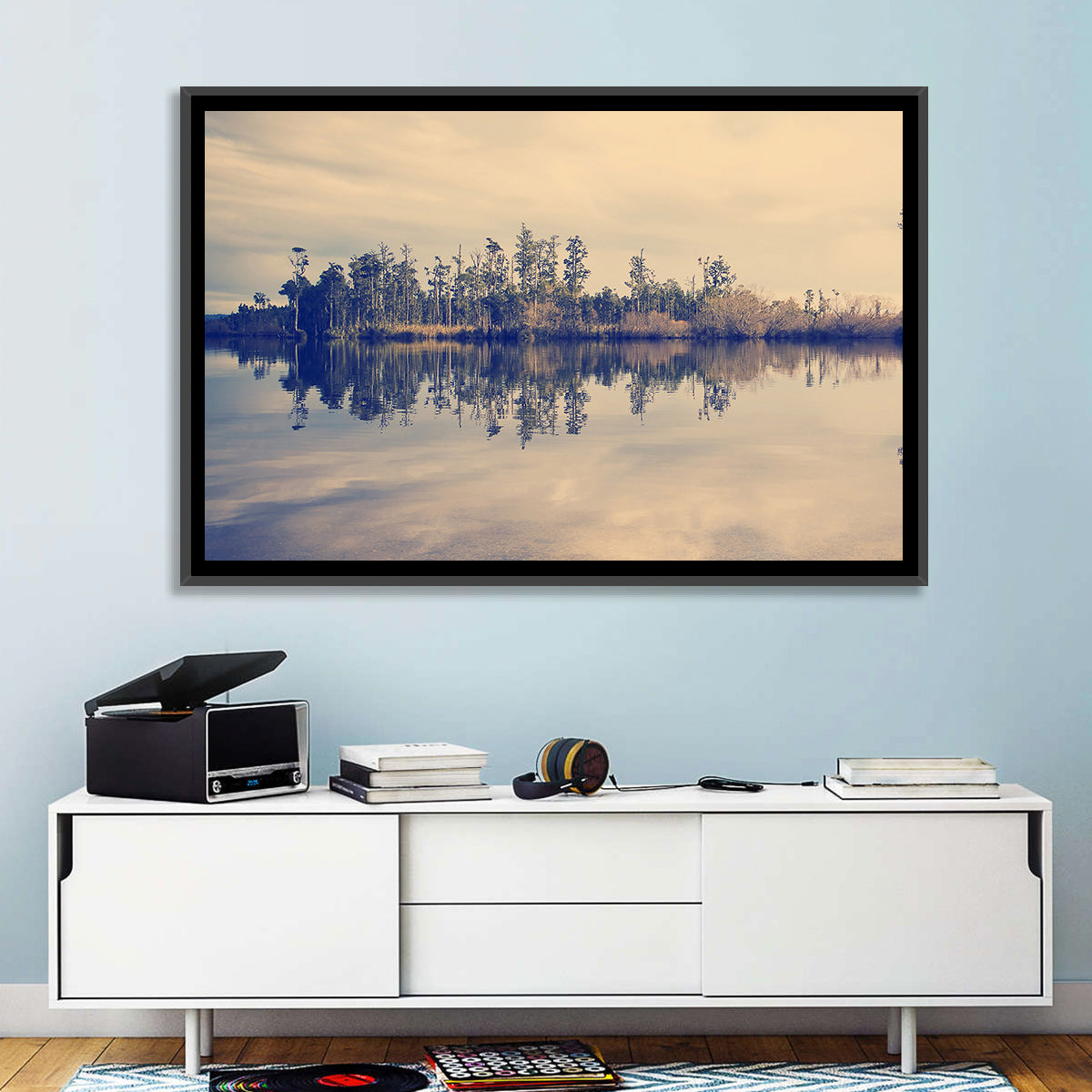 Sunset Over Forest Lake Wall Art in a room, landscape
