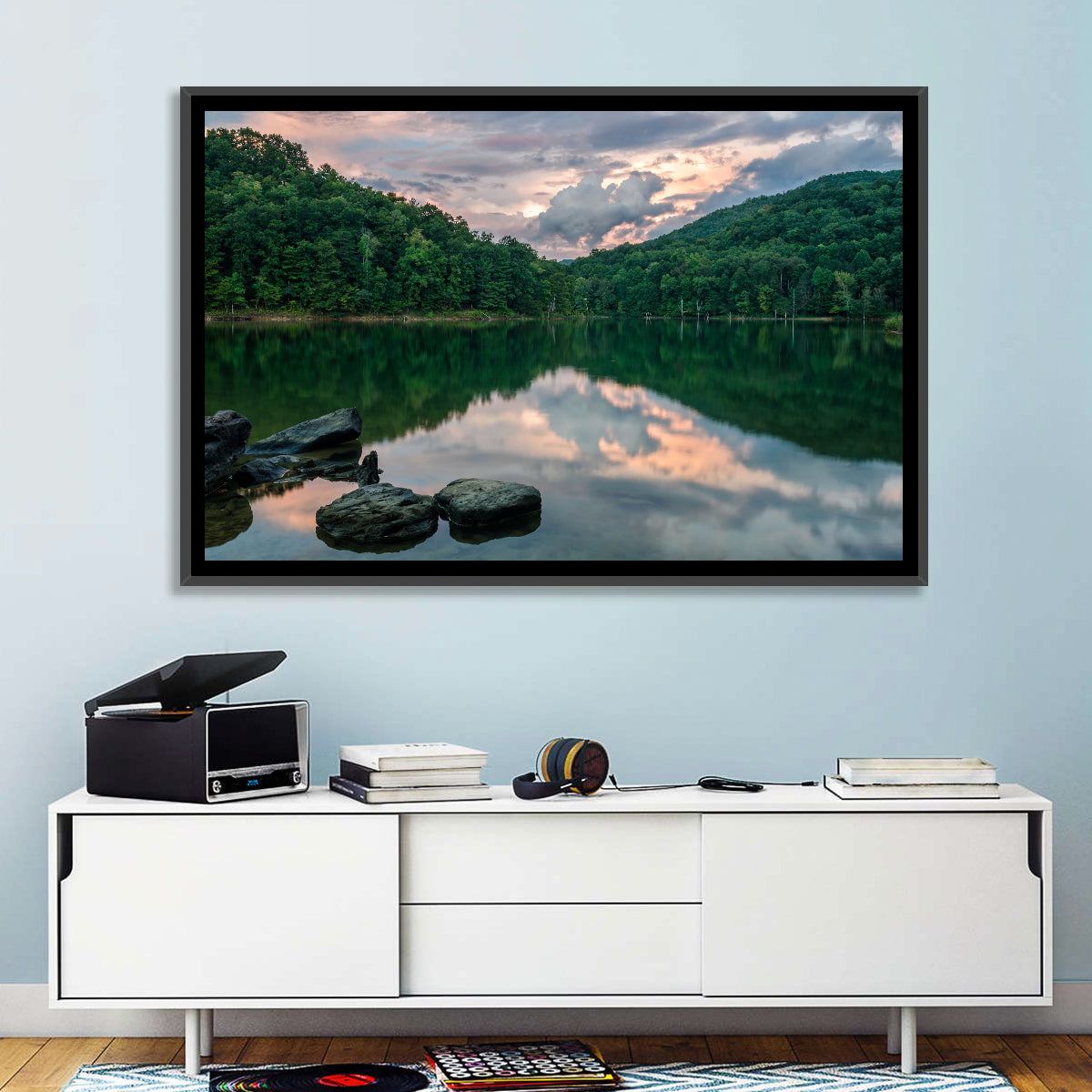 Martins Fork Lake Sunset Wall Art in a room, landscape