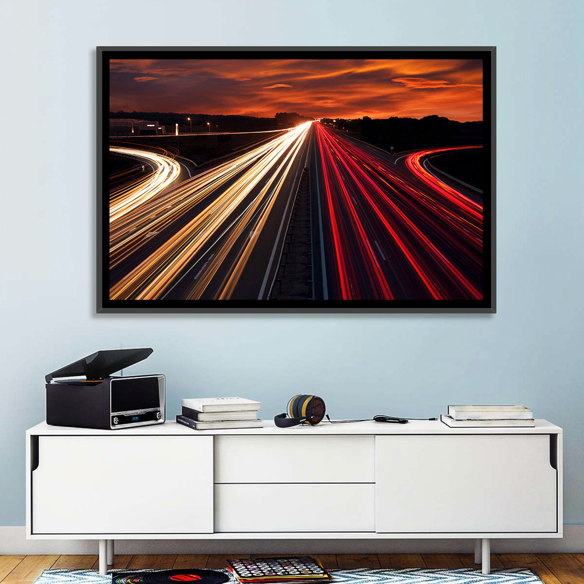 Sunset Highway Light Trails Wall Art in a room, landscape