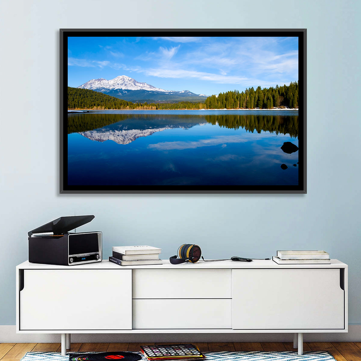 Northern California Snow Capped Lake Wall Art in a room, landscape