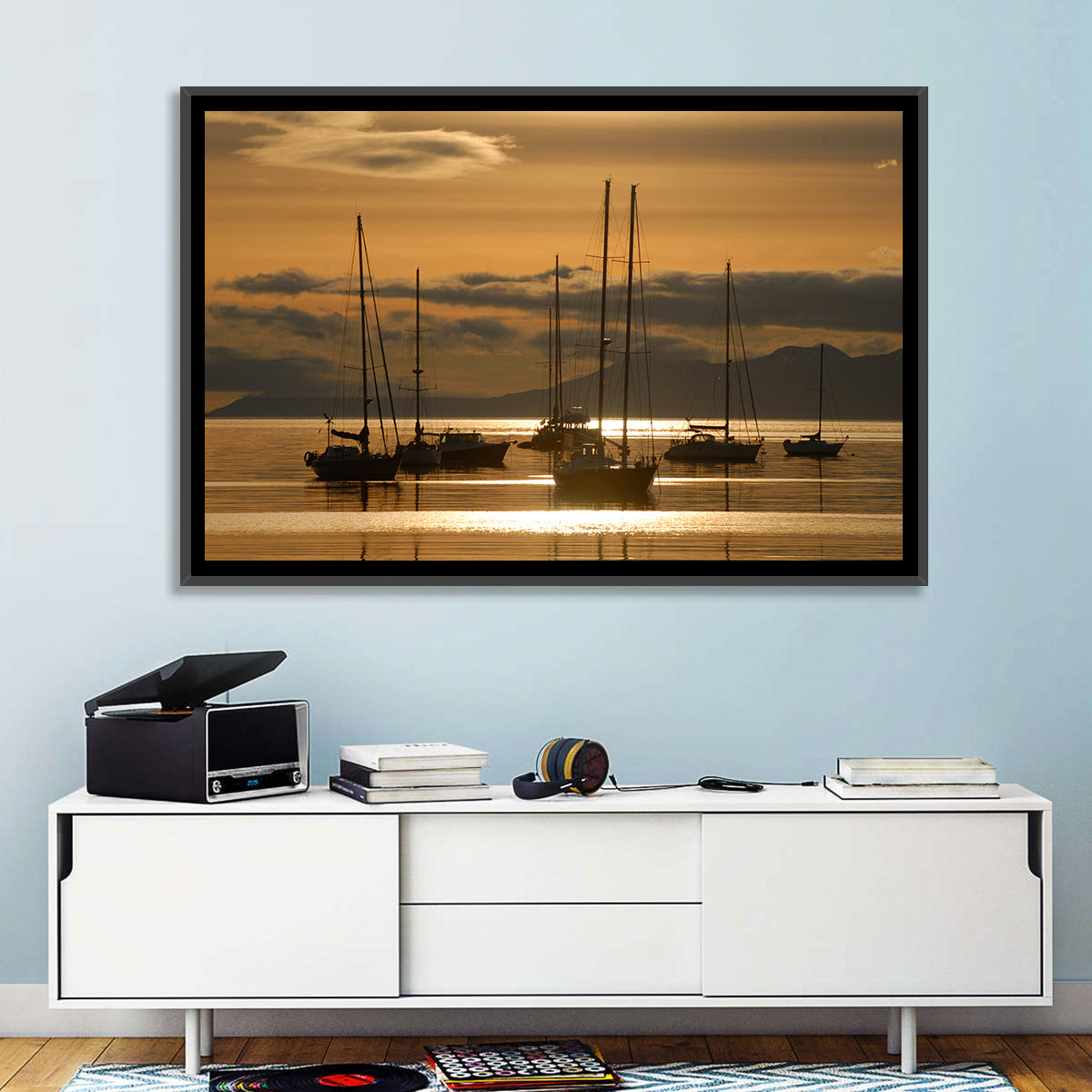 Sailboats at Sunrise Wall Art in a room, landscape
