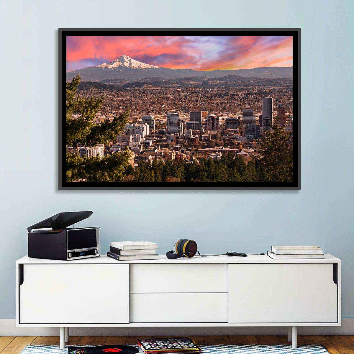 Portland Skyline at Sunset Wall Art in a room, landscape