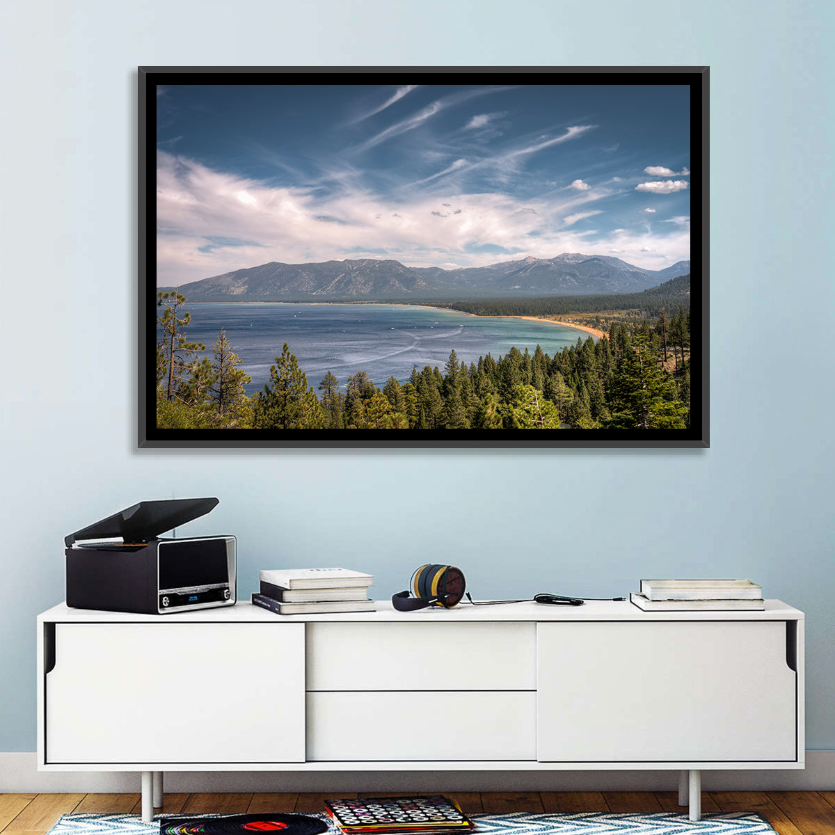 Pines Above a Blue Lake Wall Art in a room, landscape