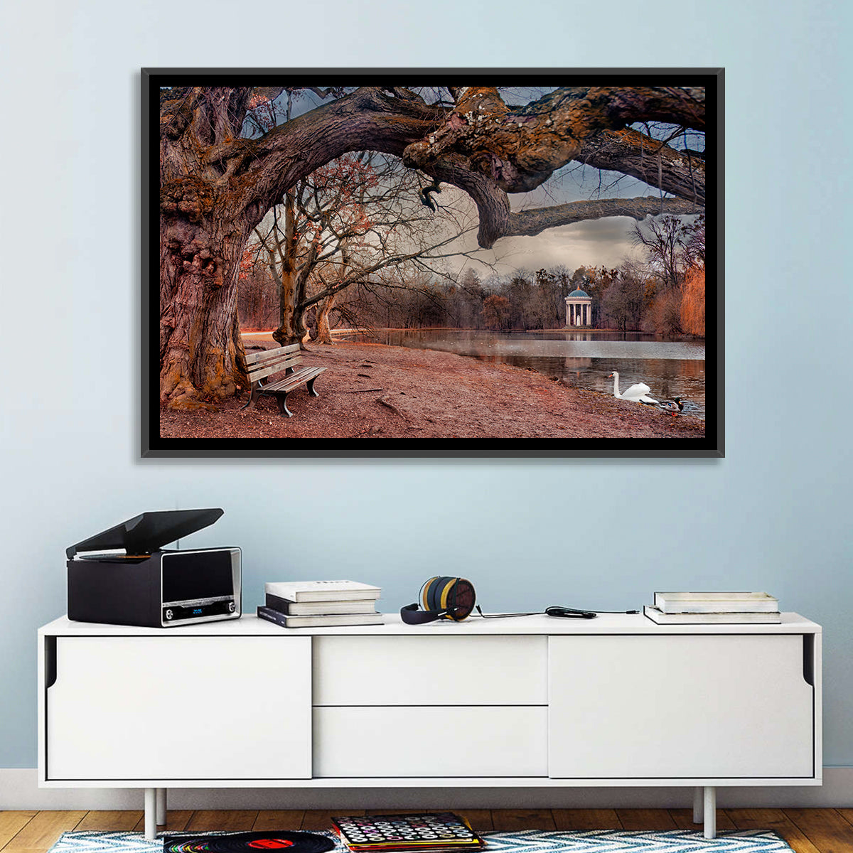 Autumn Pavilion with Swan Wall Art in a room, landscape