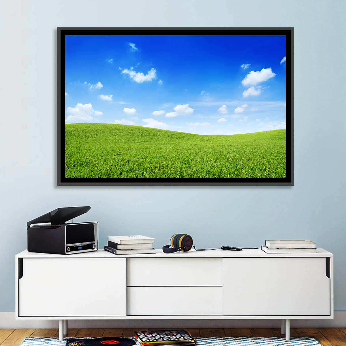 Rolling Green Meadow Under Blue Sky Wall Art in a room, landscape