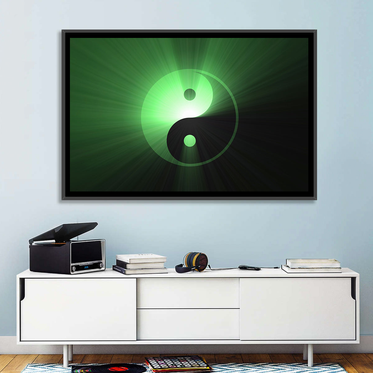 Green Glowing Yin Yang Wall Art in a room, landscape