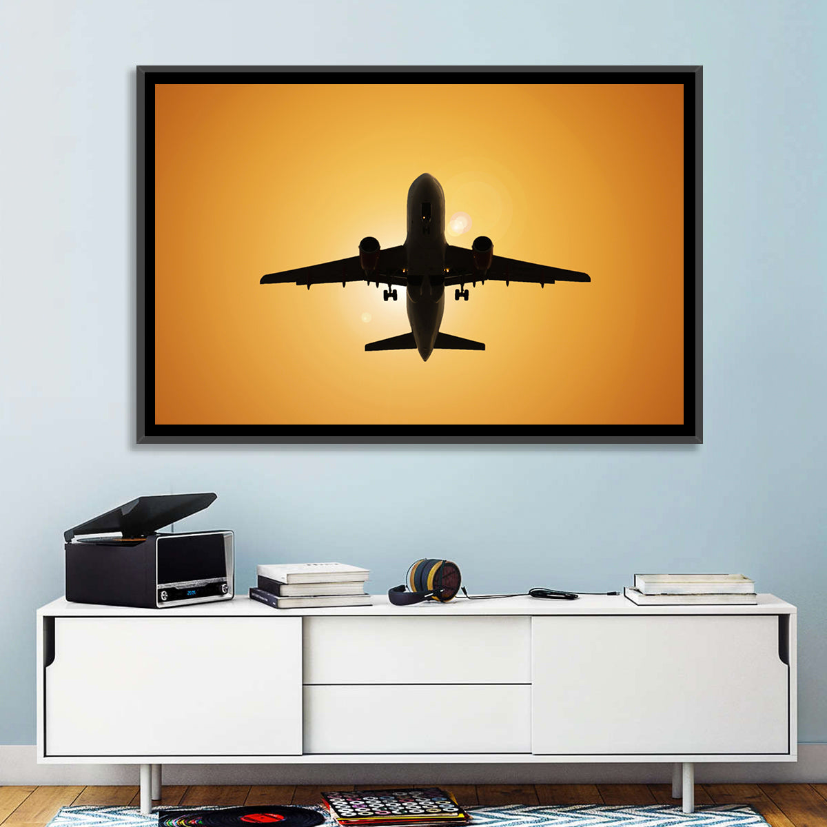 Sunset Jet Silhouette Wall Art in a room, landscape