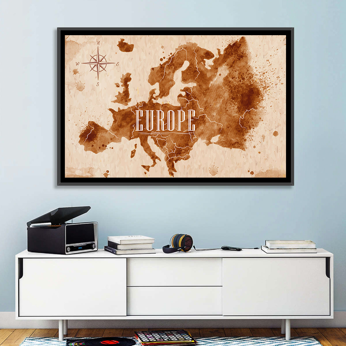 Retro Europe Map Wall Art in a room, landscape