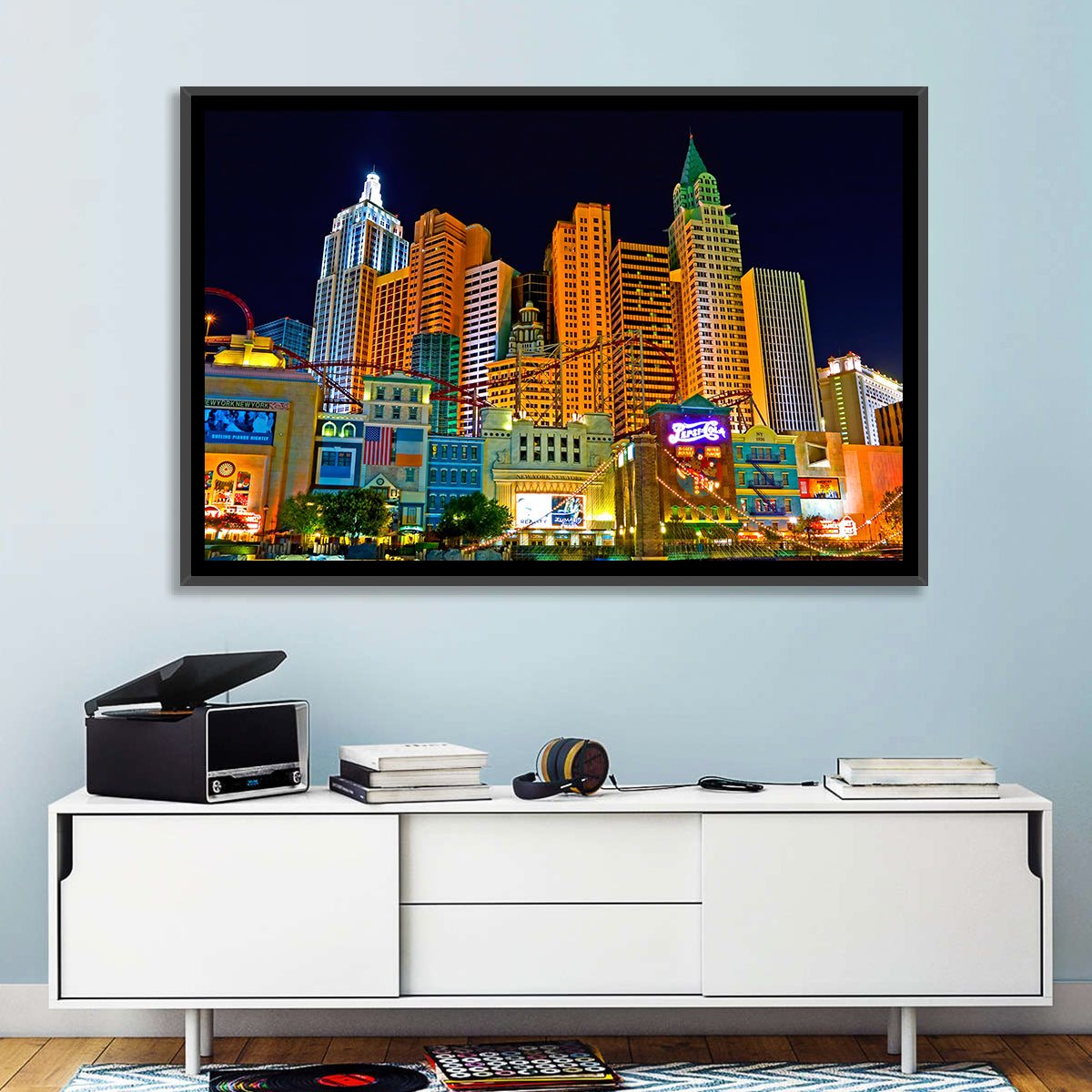 Las Vegas Big Apple Coaster at Night Wall Art in a room, landscape