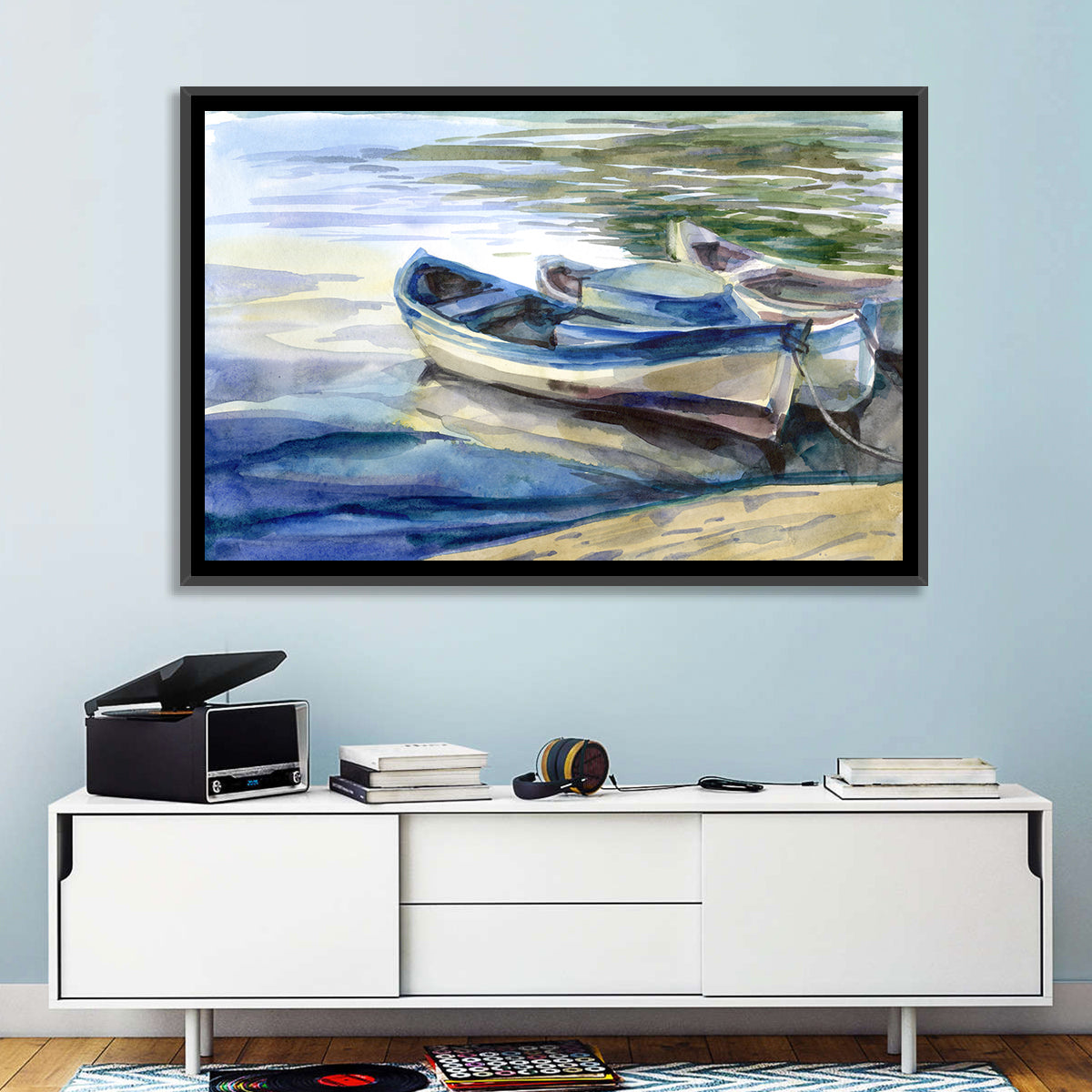 Watercolor Rowboats by the Shore Wall Art in a room, landscape