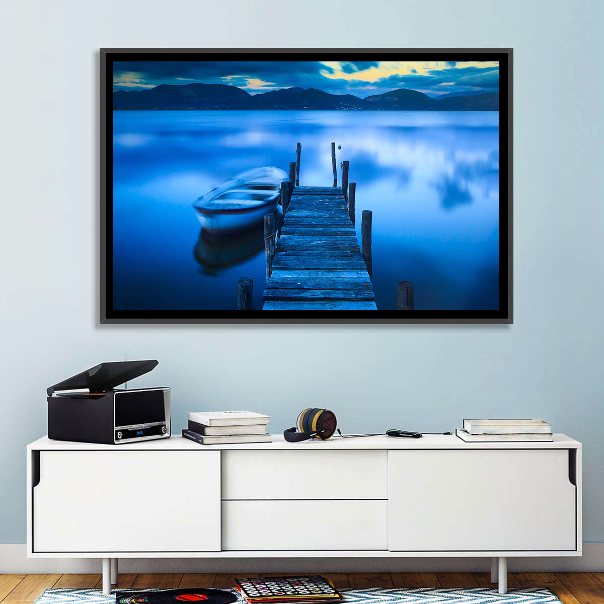 Boat and Wooden Pier Wall Art in a room, landscape