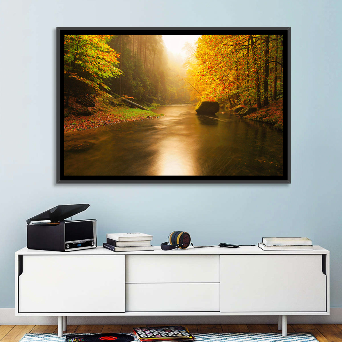 Misty Mountain River Wall Art in a room, landscape