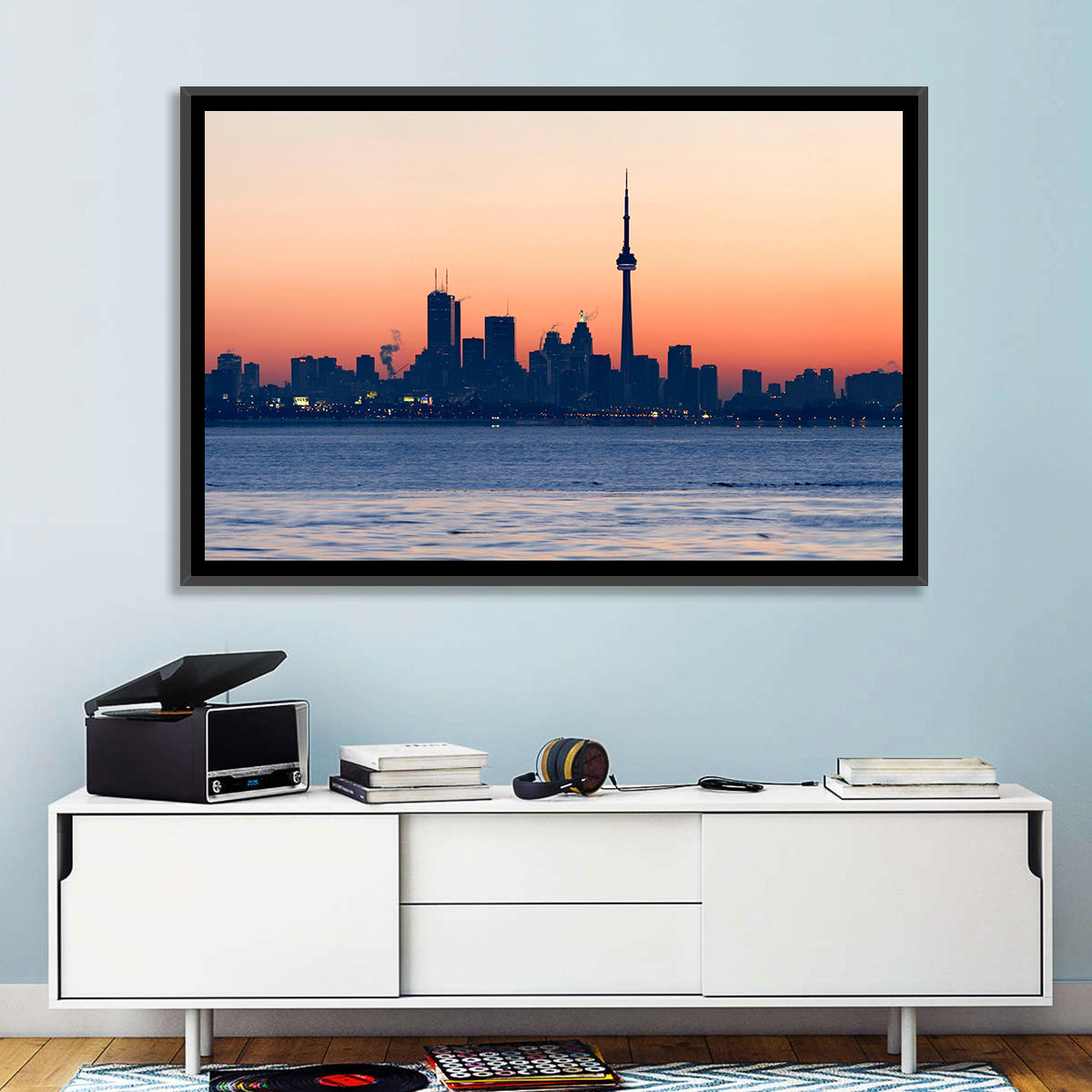 Toronto Dusk Skyline with Cn Tower Wall Art in a room, landscape