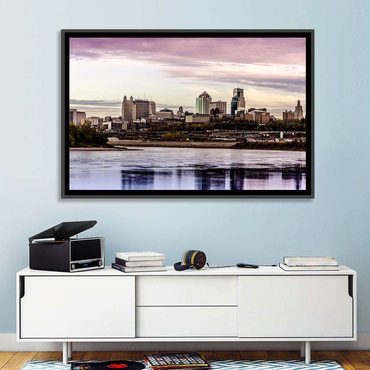 Kansas City Skyline at Dusk Wall Art in a room, landscape