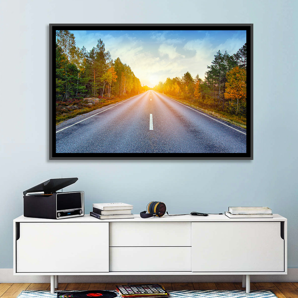 Sunlit Autumn Forest Road Wall Art in a room, landscape