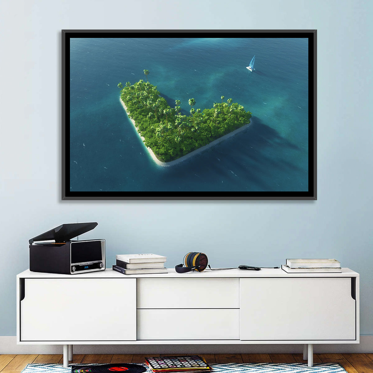 V-shaped Tropical Island with Distant Catamaran Wall Art in a room, landscape
