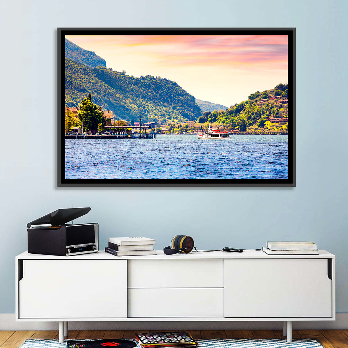 Lake Iseo Morning Harbor Wall Art in a room, landscape