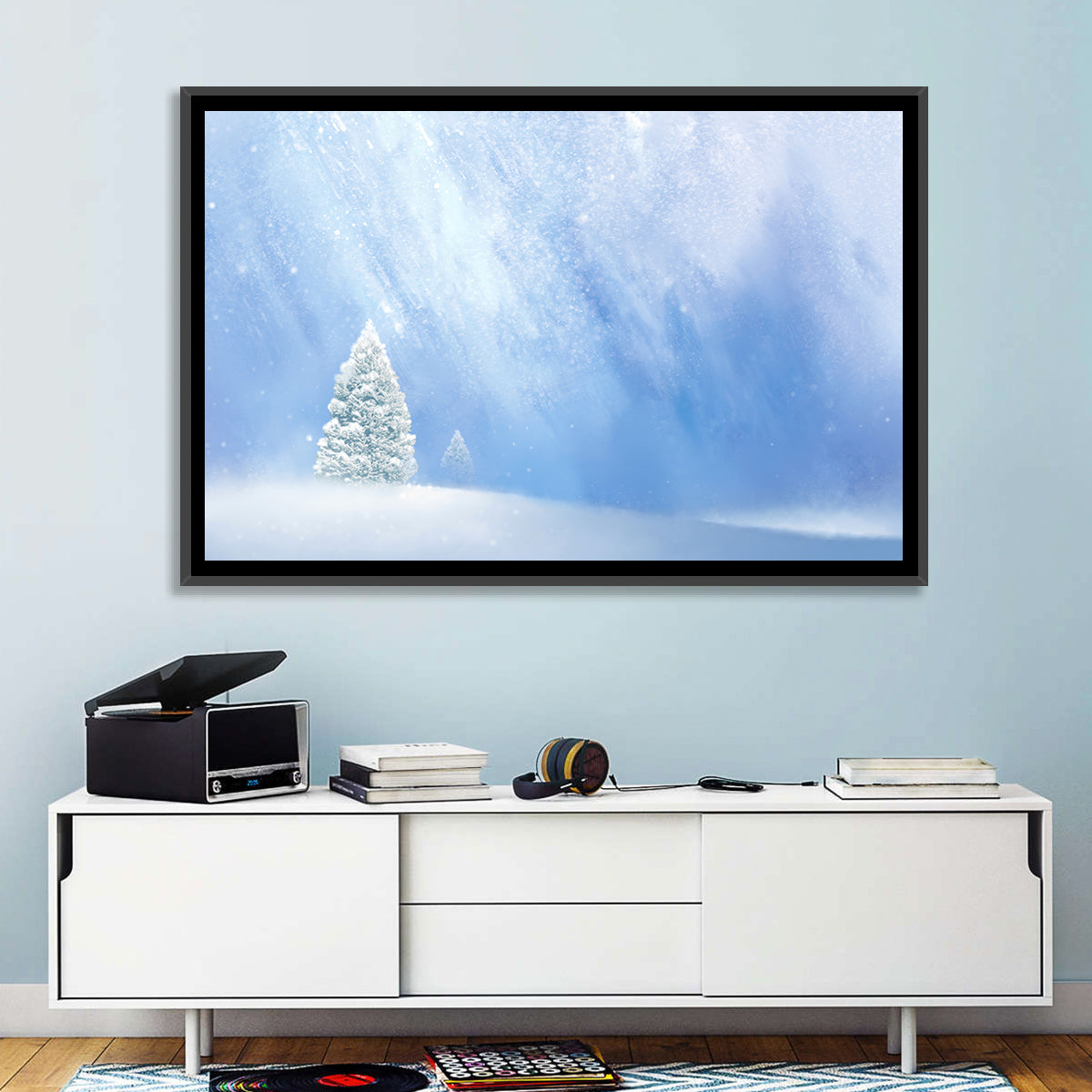 Two Snowy Evergreens Wall Art in a room, landscape