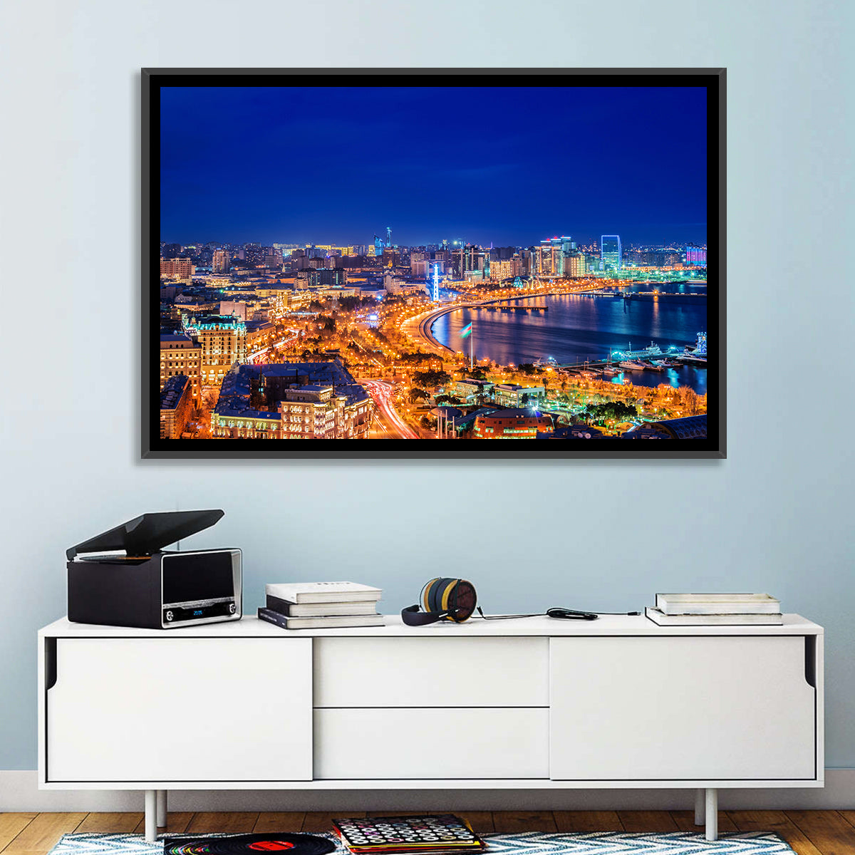 Baku Night Skyline Wall Art in a room, landscape