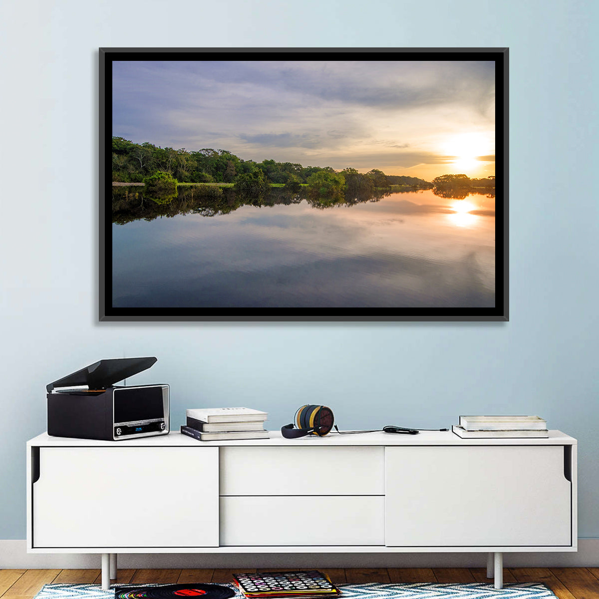 Amazon River Sunset Reflection Wall Art in a room, landscape